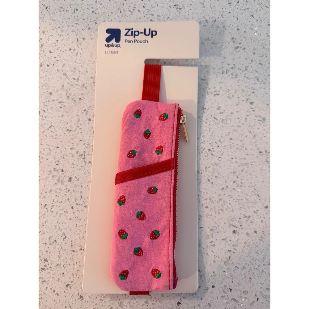 Up & Up Pink Strawberry Zip-Up Pen Pouch Elastic Band Planner Case 081-01-1372